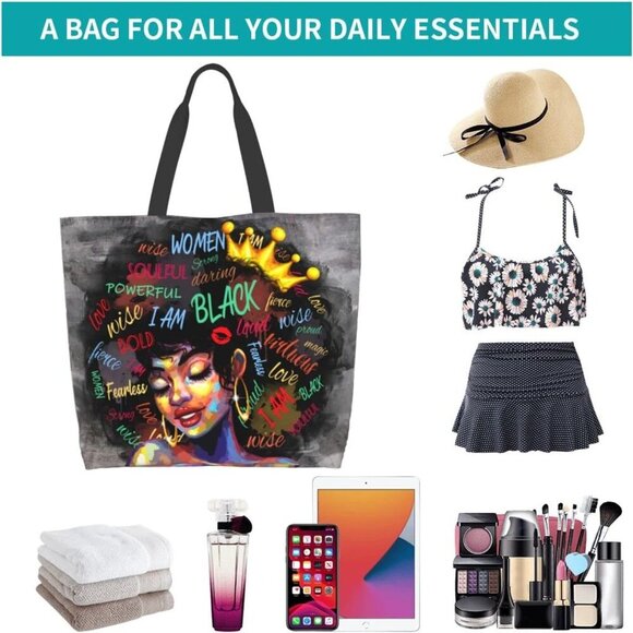 Women Tote Bag Polyester Large Capacity Black Girl Magic Shoulder Handbag - Picture 6 of 6